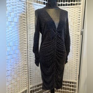 Black & Gold Glitter Ruched Dress with Plunging Mesh Cutouts - Venus 🖤✨🎄